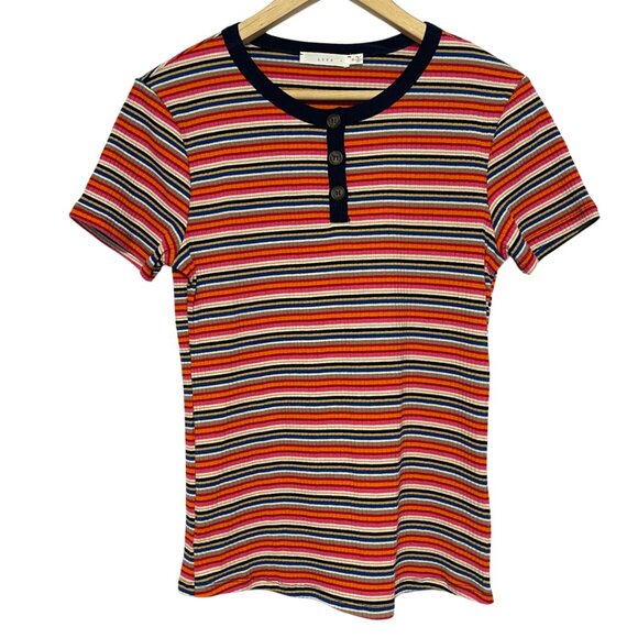 Lush Y2K Style Ringer Top Womens Size M Multicolor Striped Easy Casual Stretch - Picture 1 of 9